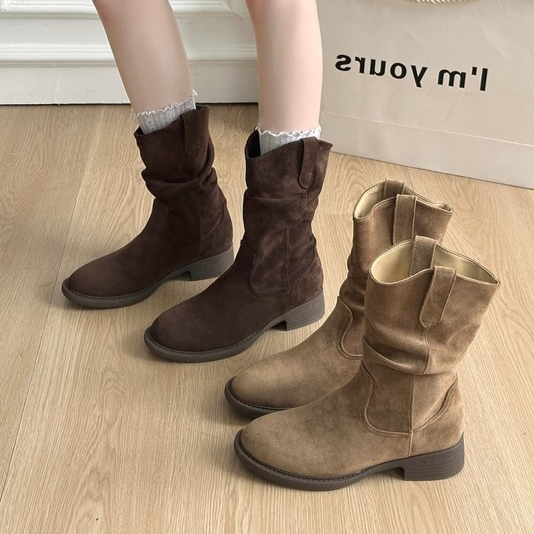 Mùa Thu Đông Retro Da Lộn Tròn Tay Ống Cao Thời Trang Giày Bốt Thời Trang Thường Ngày Ngoài Trời Chống Trơn Trượt Chống Mài Mòn Giữa Ống Giày Nhà Máy