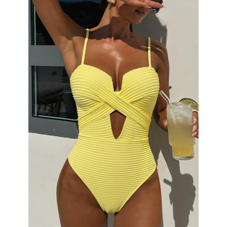 Đồ bơi nữ bandeau một mảnh sọc vàng đan dệt rỗng ra