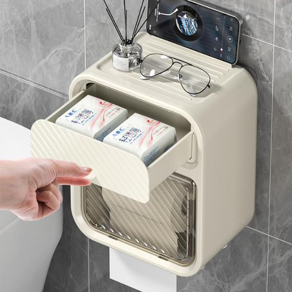 Hộp đựng giấy vệ sinh treo tường đa năng 2 tầng, tích hợp kệ đặt điện thoại