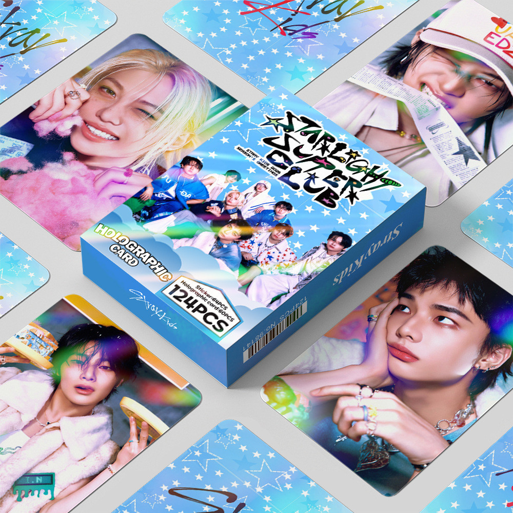 124 chiếc STRAY KIDS 2026 Lời chào mùa giải Starlight Supper Club Laser Hologram Lomo Cards dominATE celebrATE Photocards BANG CHAN HAN Bưu thiếp ba chiều YM