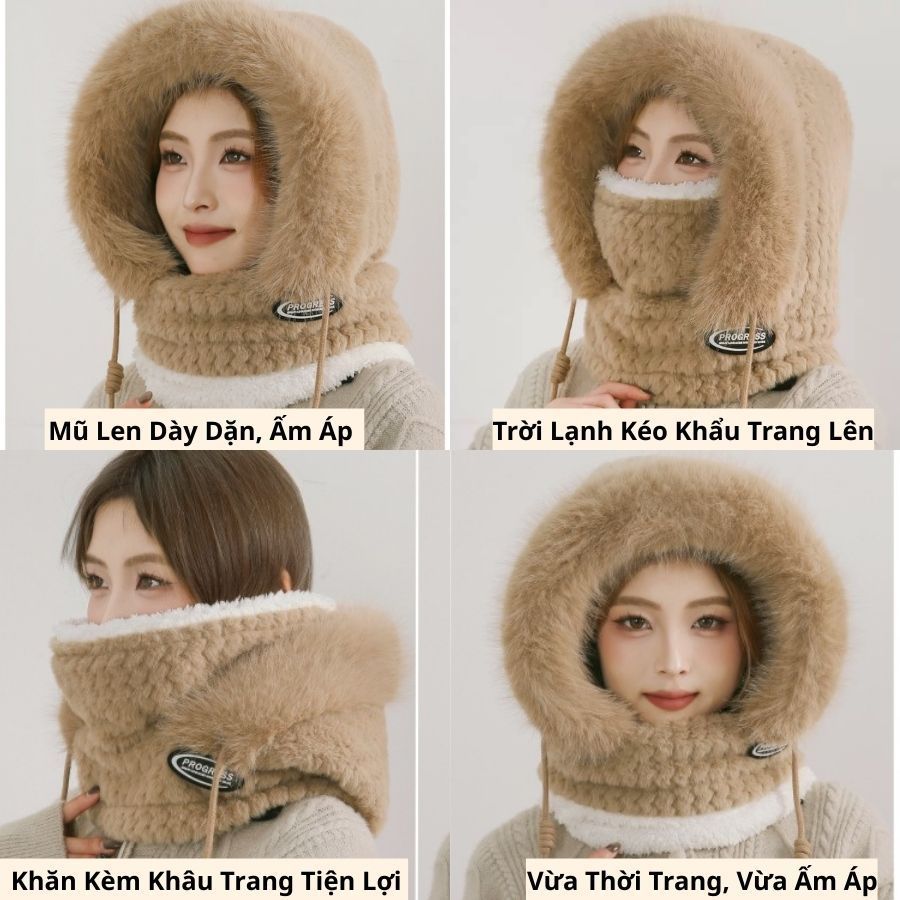 Mũ len 3 trong 1 cho nữ – Combo mũ, khăn và khẩu trang giữ ấm mùa đông cực hiệu quả.