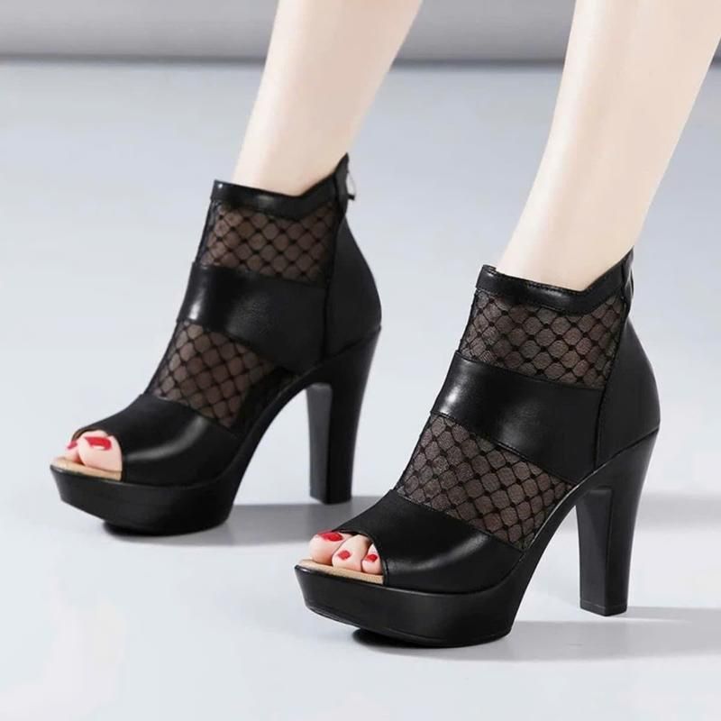GIÀY BỐT HỞ MŨI PHỐI LƯỚI DA XỊN 10CM TTYY xxTTIIÔ