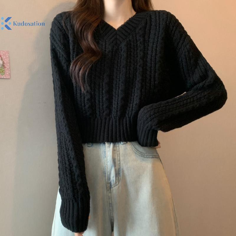 Kudosation Nữ Thời Trang Retro Cổ Chữ V Dài Tay Phù Hợp Với Áo Len Dệt Kim Ngắn Xoắn