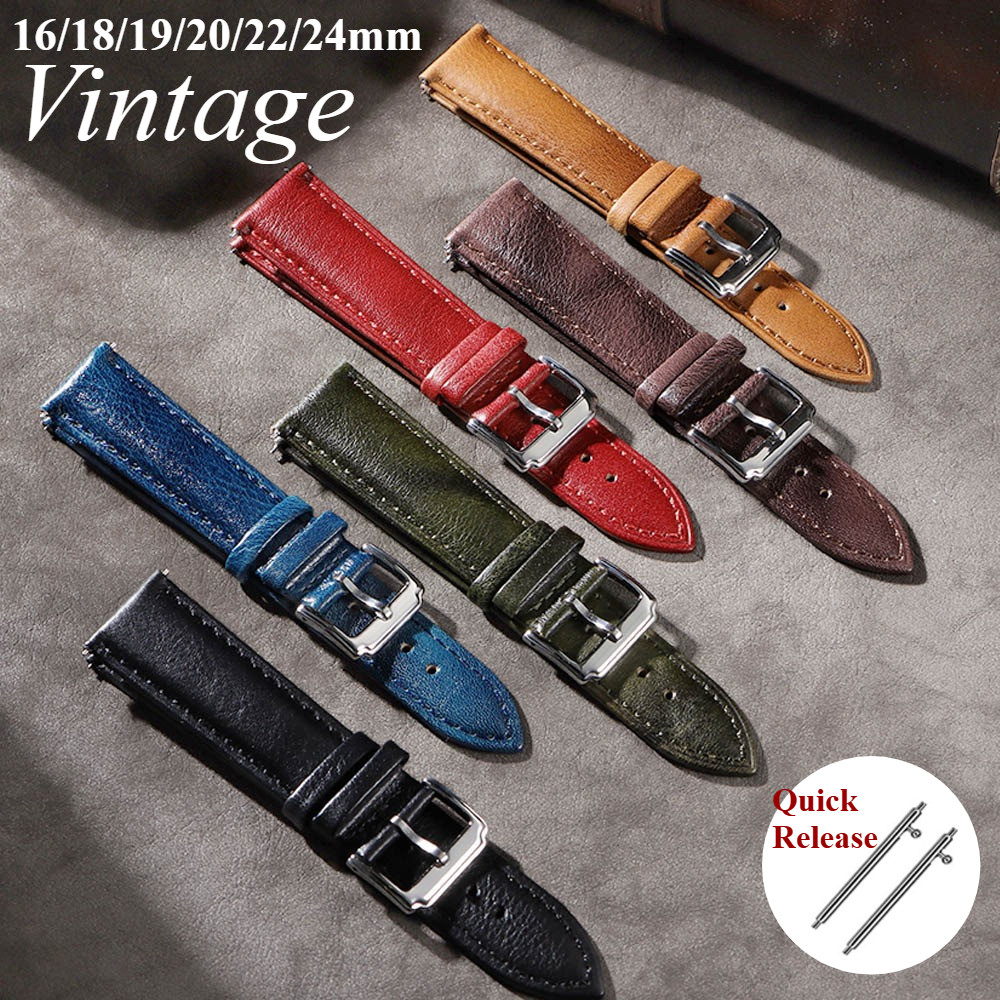 16 / 18 / 19 / 20 / 22 / 24mm Vintage Chính Hãng Da Bò Dây Đeo Đồng Hồ Phát Hành Nhanh Rau Da Bò Rám Dầu Vòng Tay Đồng Hồ Dành Cho Nam Nữ Đồng Hồ Thạch Anh Cơ