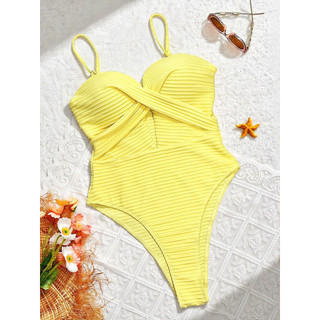 Đồ bơi nữ bandeau một mảnh sọc vàng đan dệt rỗng ra
