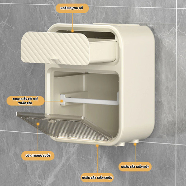 Hộp đựng giấy vệ sinh treo tường đa năng 2 tầng, tích hợp kệ đặt điện thoại