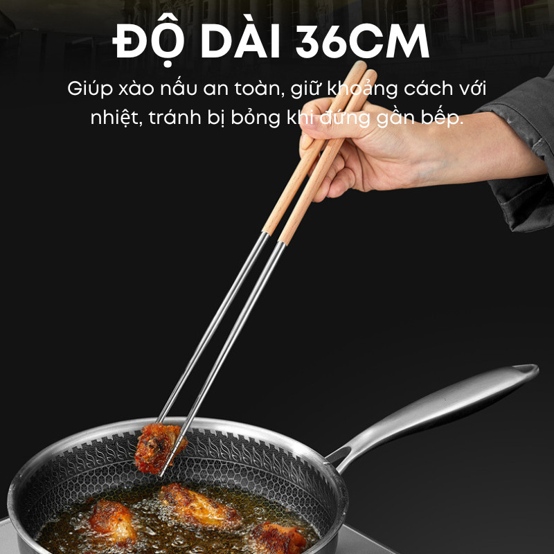 Đũa Xào Inox 316 Chất Lượng Cao – Dài 36cm, Đầu Gắp Tròn Chống Trượt – Cán Gỗ Cách Nhiệt Cao Cấp | 348