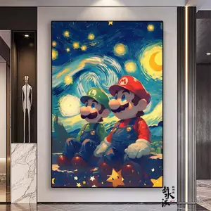 Super Mario Van Gogh Tranh nghệ thuật ban đêm đầy sao Canvas Trang trí tường cho lối vào, phòng khách, phòng ngủ và phòng chơi game