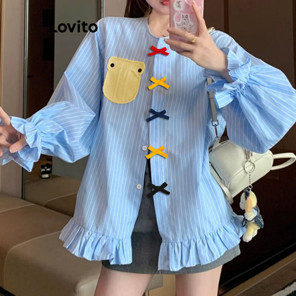 Lovito Áo kiểu dễ thương Nơ Frill trơn dành cho nữ LNA74216
