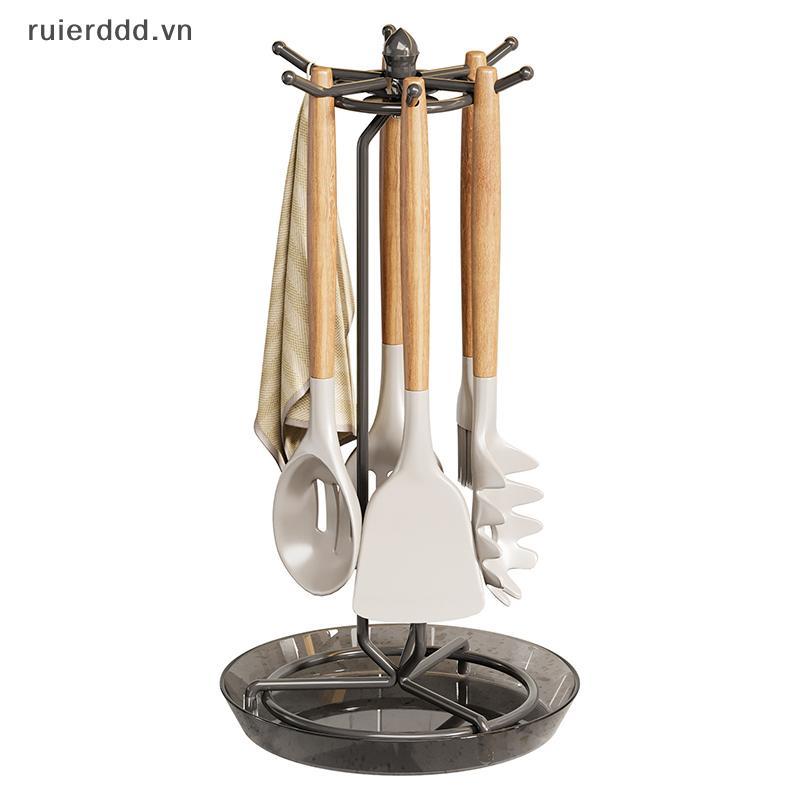 # ruierdd # Giá đỡ dụng cụ nhà bếp xoay 360 độ bằng thép không gỉ Dụng cụ nhà bếp Giá đỡ có 6 móc & khay thoát nước.