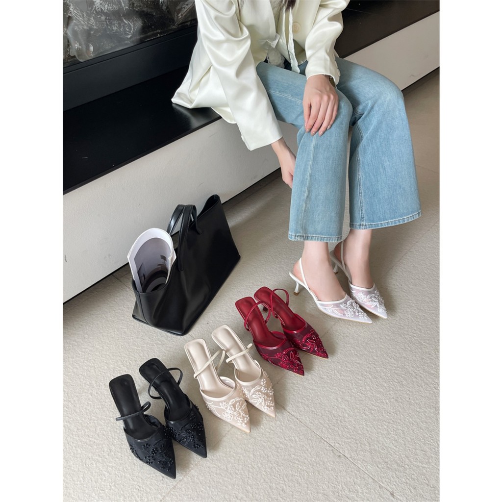 KD Ren Trắng Mules Nữ Mùa Hè Thêu Gạc Thoáng Khí Rỗng Dép