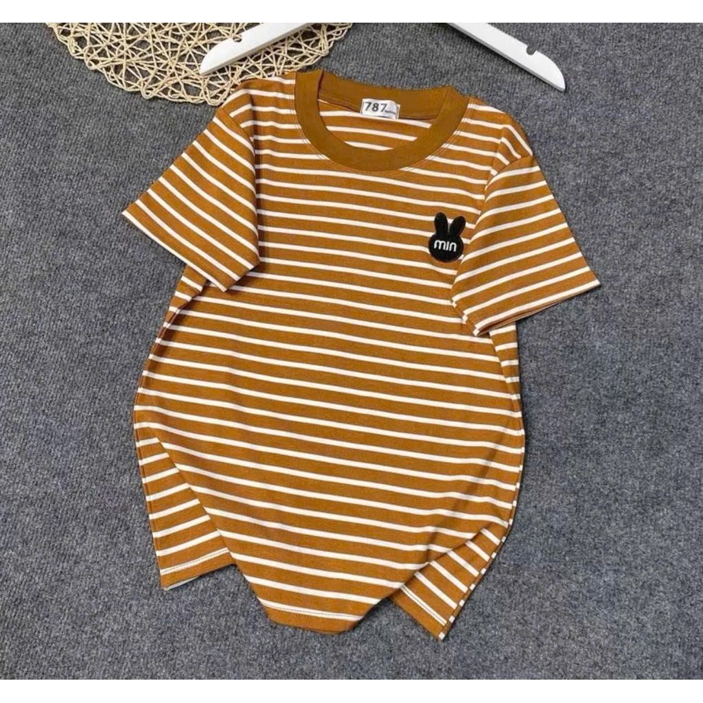 Áo Thun Nữ Cổ Tròn Tay Ngắn Kẻ Sọc Thêu Họa Tiết Thỏ MIN Trước Ngực Chất Cotton Mềm Mịn ESHOP MS285