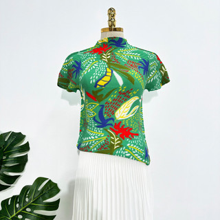 Miyake Áo Xếp Ly Mùa Hè Phong Cách Retro, Họa Tiết In Hình, Nửa Cổ Rùa, Mặc Thoải Mái
