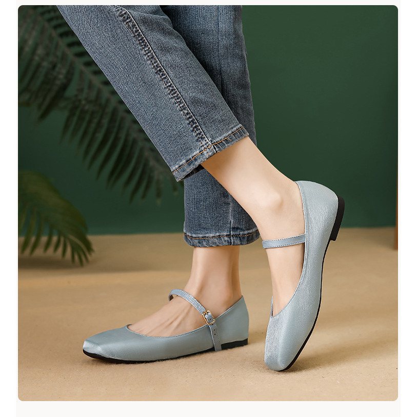 Giày đế bằng mũi vuông Mary Jane Giày đơn Satin cổ điển Giày nữ