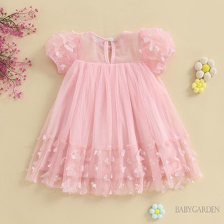 3-10 tuổi Kid Girl Tulle Dress 3D Bướm Tay Ngắn Cổ Vuông Lưới Chữ A Đầm Cho Mùa Xuân Hè