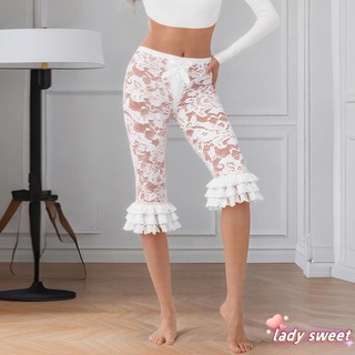Quần Legging Ren Ruffle Capri Sheer Lưới Co Dãn Eo Cao