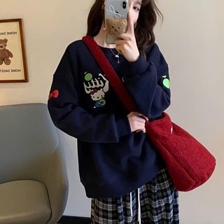 Áo sweater nỉ bông xanh than cổ tròn form rộng chất liệu mềm mại