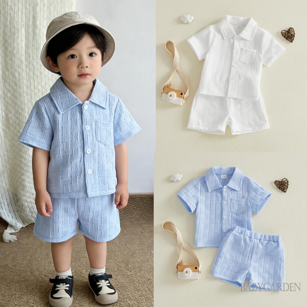 Bộ đồ mùa hè cho bé trai tập đi Áo sơ mi ngắn tay có nút ve áo và quần Short màu trơn