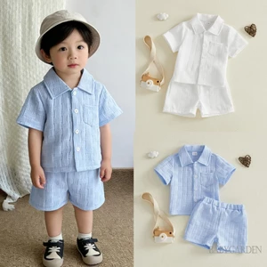 Bộ đồ mùa hè cho bé trai tập đi Áo sơ mi ngắn tay có nút ve áo và quần Short màu trơn