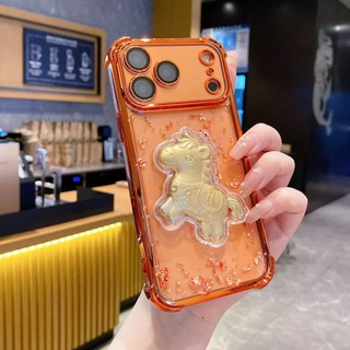 Phim Bảo Vệ Ống Kính 3D Ngựa Vàng Lấp Lánh Mạ Kim Sa Lấp Lánh Vỏ Điện Thoại Màu Cam Cho iPhone 17Promax 12 13 14 15 16 Pro Max Plus 11 Bốn Góc Chống Sốc Nam Nữ Vỏ Di Động