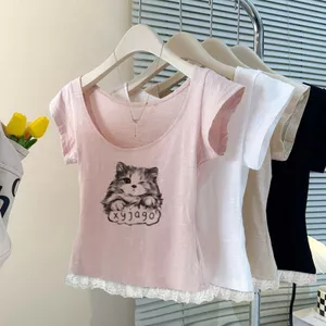 Milyfashion Áo Thun Mỏng Cotton Slub Ren Khâu, Họa Tiết Con MèoSlim-Fit Style C630