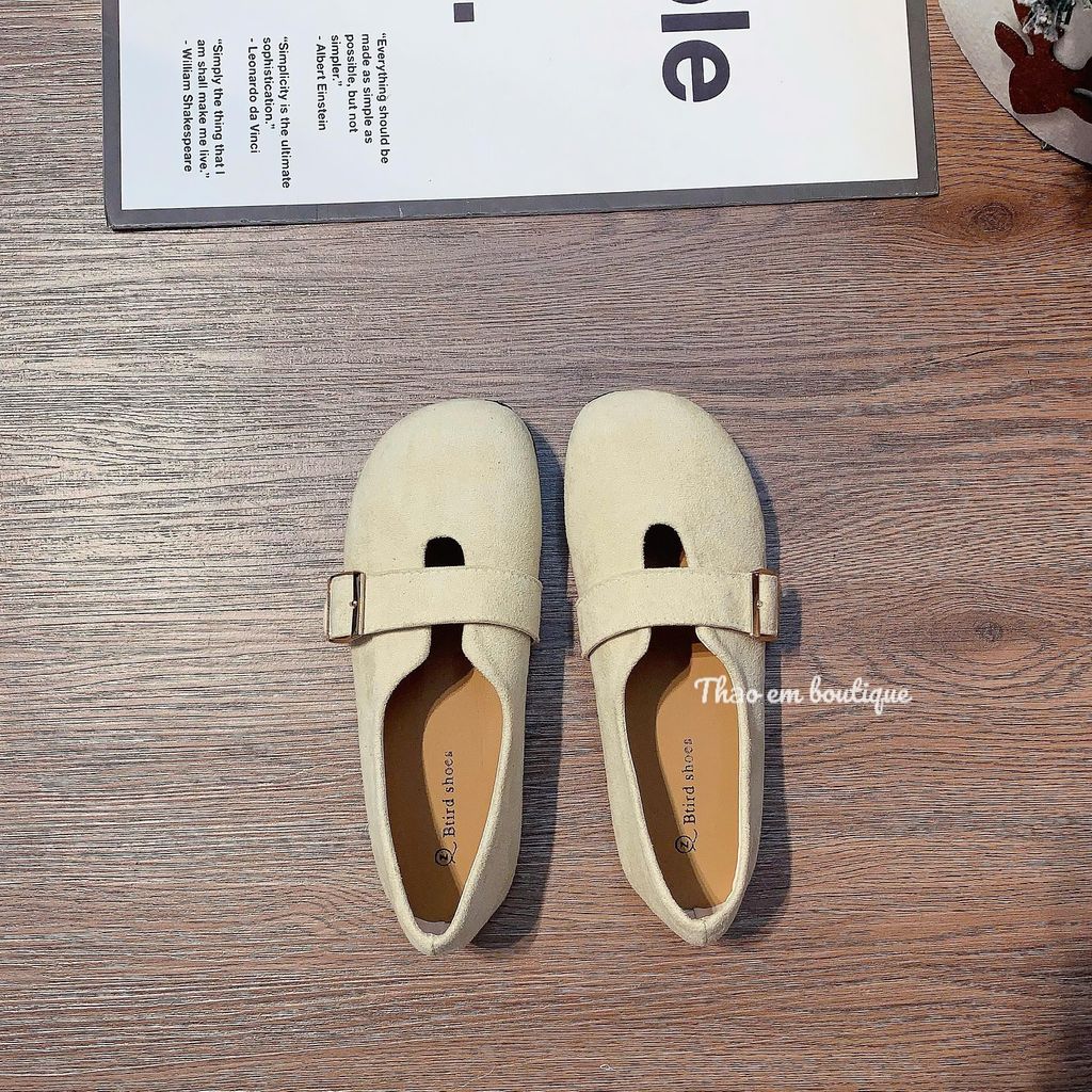 [Thảo Em - BB583] Giày bệt búp bê nữ đế thấp da lộn mềm mũi đính quai khoá sang chảnh [QCCC - Có Sẵn]
