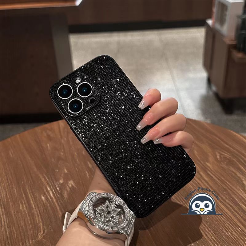 Ốp điện thoại lấp lánh màu đen sang trọng cho iPhone 17 Pro Max Air 16E 16 15 14 13 12 11 Pro Max 16 15 14 Plus Vỏ bảo vệ Camera sáng thời trang Vỏ mềm chống rơi
