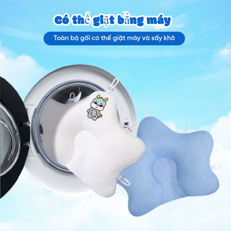 Gối định Hình đầu Phẳng Cho Bé,2 Mặt Thoáng Khí,gối Kháng Khuẩn Thoáng Khí,Dây Rút Điều Chỉnh 5 Đầu Cao Cấp