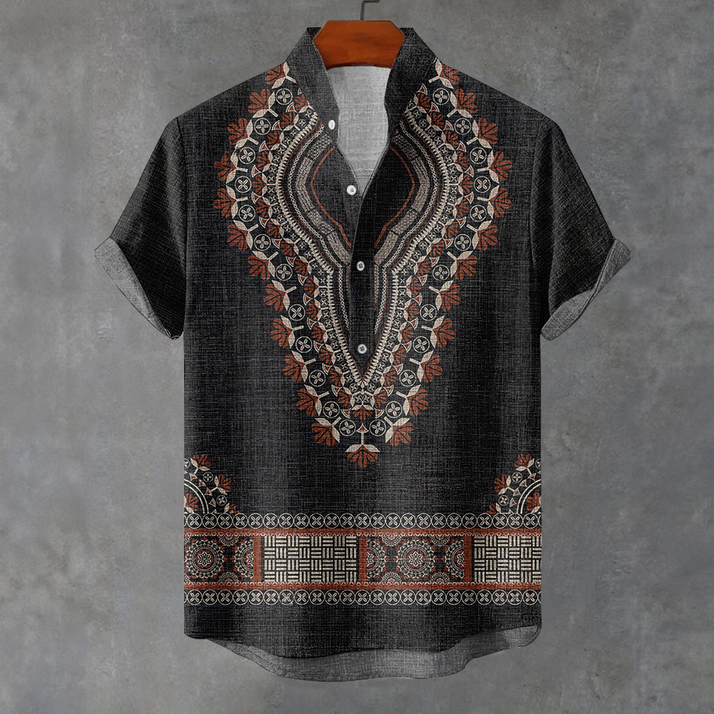 Áo sơ mi nam phong cách dân tộc, tay ngắn, họa tiết vintage oversize, phù hợp dạo phố