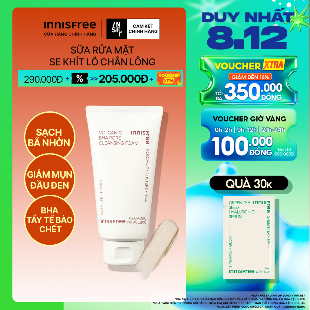 Sữa rửa mặt tro núi lửa sạch sâu se khít lỗ chân lông INNISFREE Volcanic Pore BHA Cleansing Foam 150g