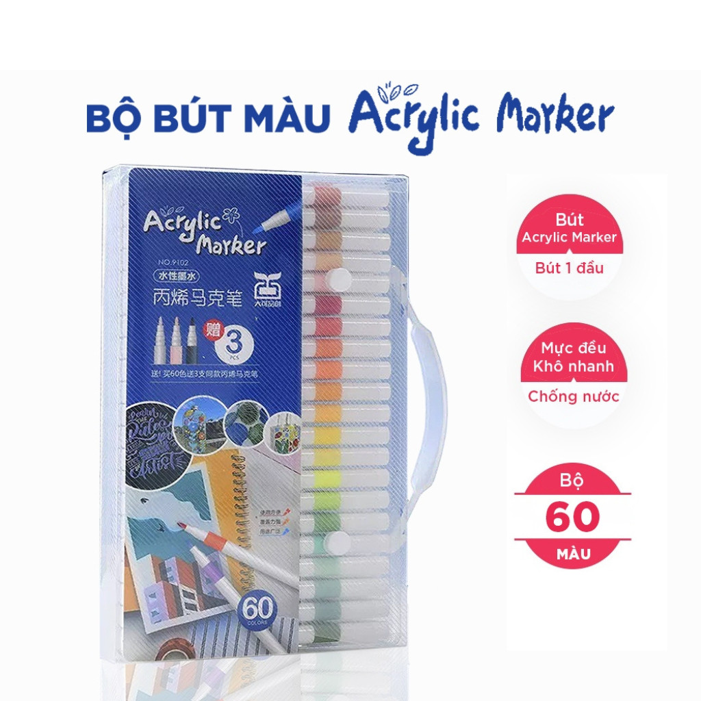 Hộp 60 Bút Màu Acrylic Marker Cao Cấp Màu Vẽ Sơn Chống Nước Bộ Cọ Vẽ Trên Mọi Chất Liệu Bề Mặt