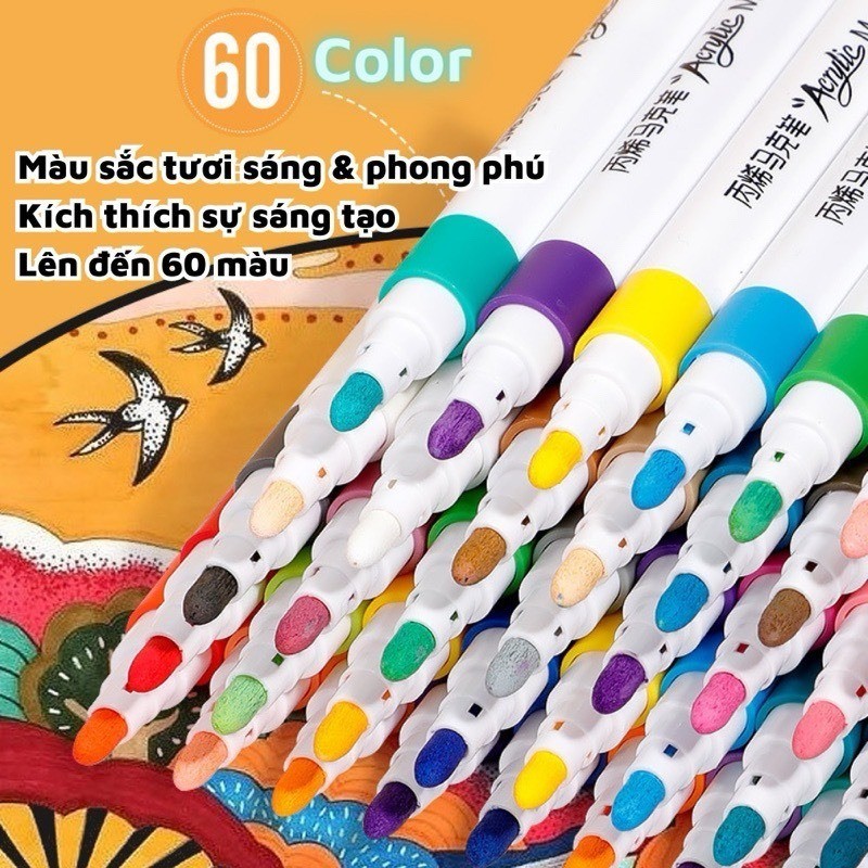 Hộp 60 Bút Màu Acrylic Marker Cao Cấp Màu Vẽ Sơn Chống Nước Bộ Cọ Vẽ Trên Mọi Chất Liệu Bề Mặt