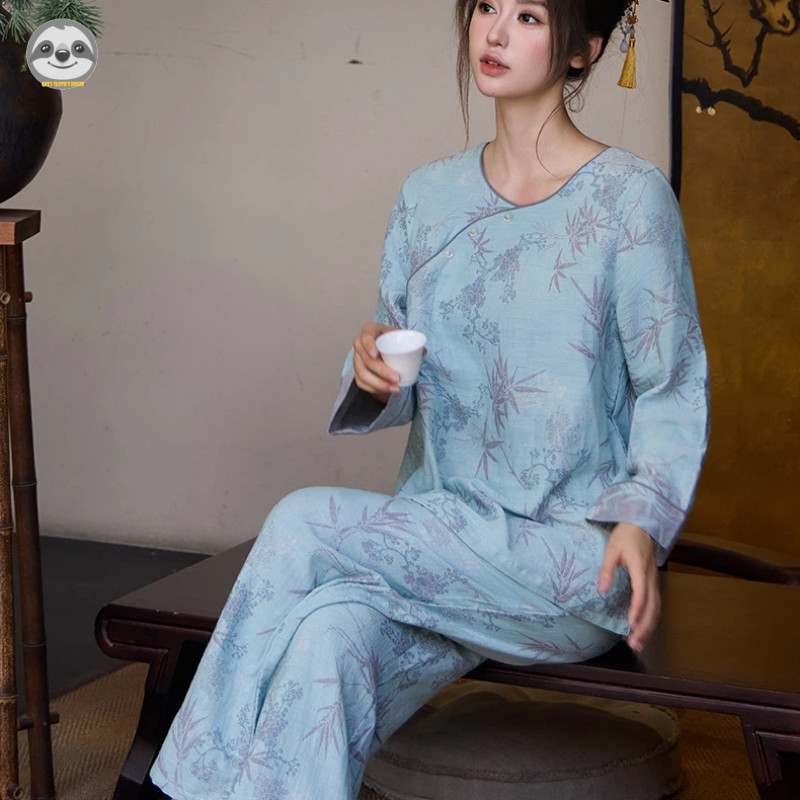 Bộ đồ ngủ Cotton nguyên chất lá tre phong cách Trung Hoa dành cho nữ / Bộ đồ ngủ cổ tròn tay ba phần tư / Quần dài đến mắt cá chân phong cách cổ xưa có thể đi chơi Loungewear / Da tự nhiên @