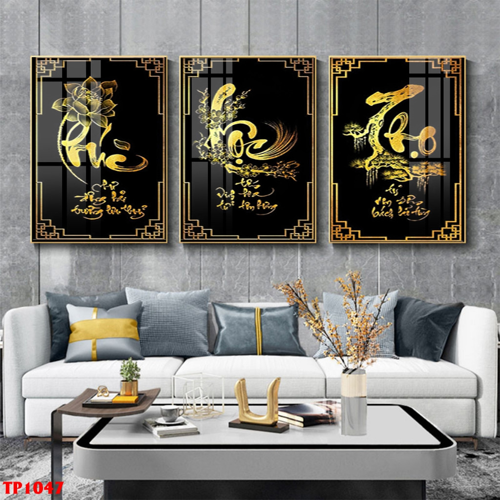 Bộ 3 Tranh " PHÚC LỘC THỌ" Tráng Gương, Tranh treo decor phòng khách -Trang Trí Treo Cầu Thang, Quà Tặng - Top Decor