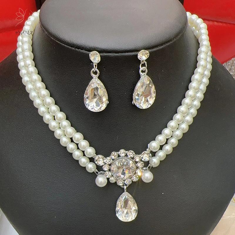 Bộ bông tai và vòng cổ đôi phong cách vintage giả ngọc trai, phù hợp dự tiệc ngày lễ hoặc làm quà tặng.