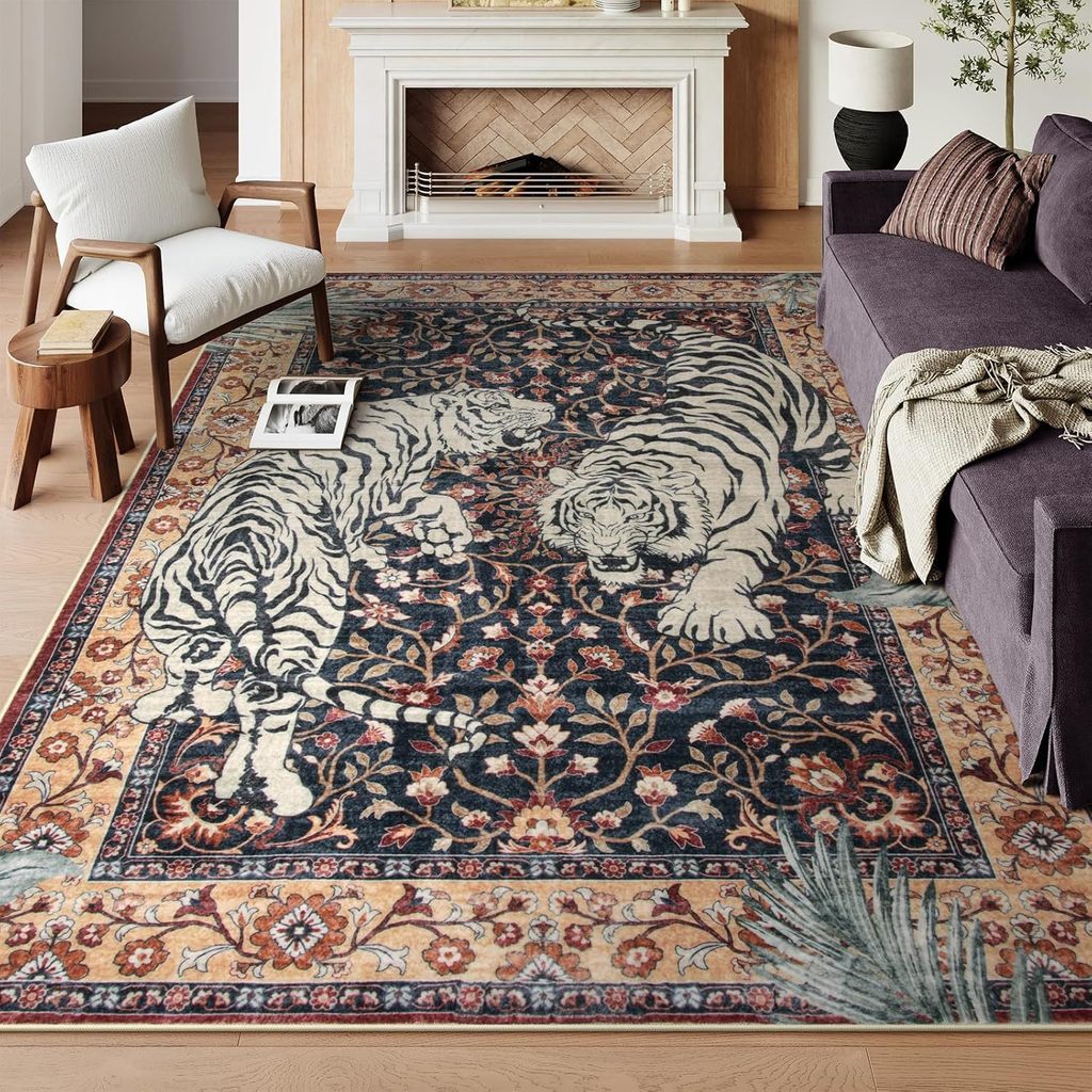 [Hàng có sẵn] Thảm trải sàn phòng khách Boho nhung mịn họa tiết hổ & ngựa vằn – ít bám bẩn, hạn chế trơn trượt, trang trí sofa & bàn trà phong cách Ba Tư cổ điển
