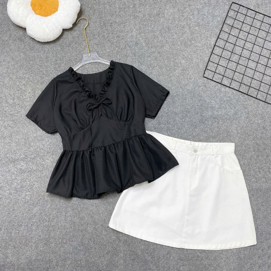 Set Bigsize Cô Nhỏ Áo Kiểu Baby Doll Ngắn Tay Kèm Chân Váy Kaki Dáng A Lưng Cao A315+CV11