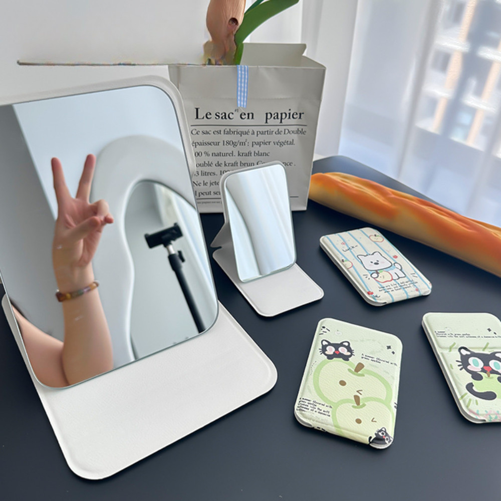Gương Trang Điểm Mini Cầm Tay Da PU Cao Cấp, Nhỏ Gọn, Gương Gập Để Bàn Hoạt Hình Dễ Thương