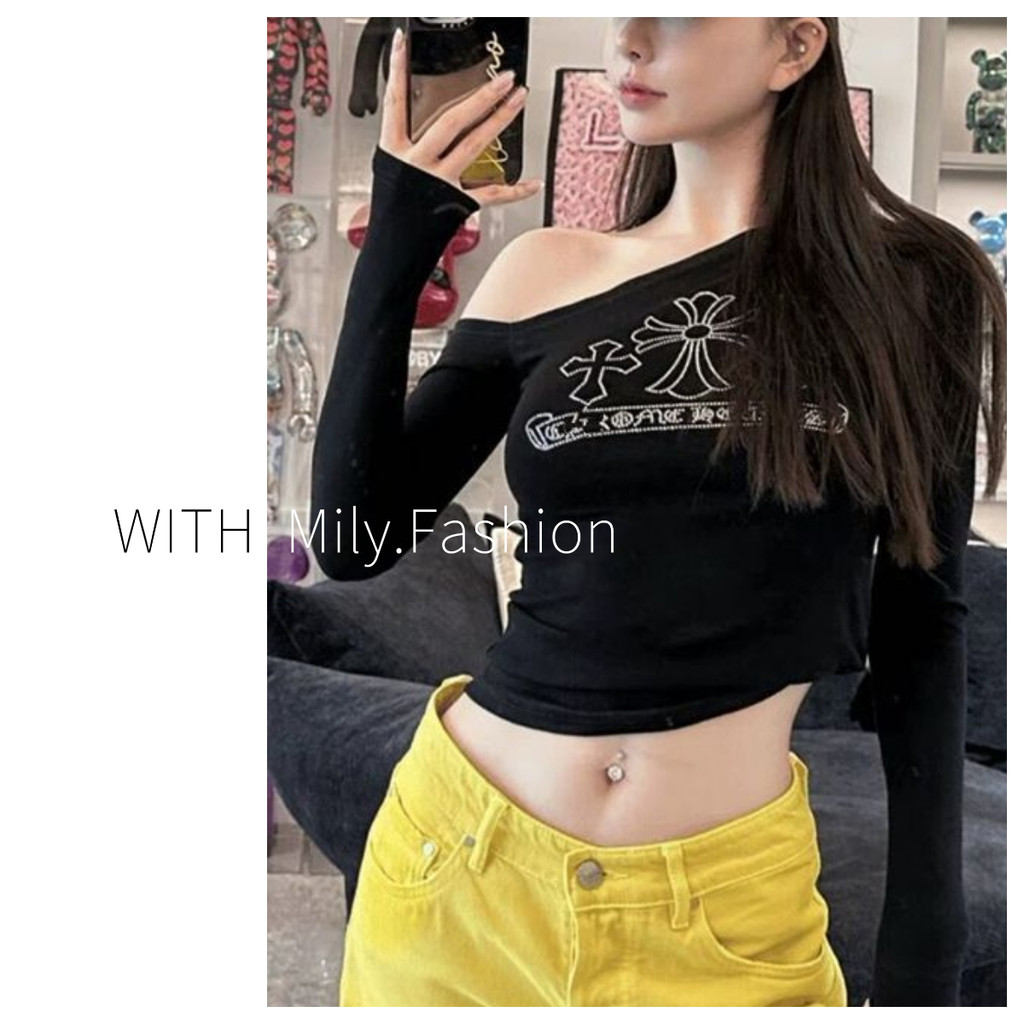 Milyfashion Y2K Hot Khoan Slanted Vai Áo thun dài tay Slim-Fit Slim-Fit Slimmer Look Hot Girl Short Top Niche Chic