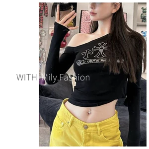 Milyfashion Y2K Hot Khoan Slanted Vai Áo thun dài tay Slim-Fit Slim-Fit Slimmer Look Hot Girl Short Top Niche Chic