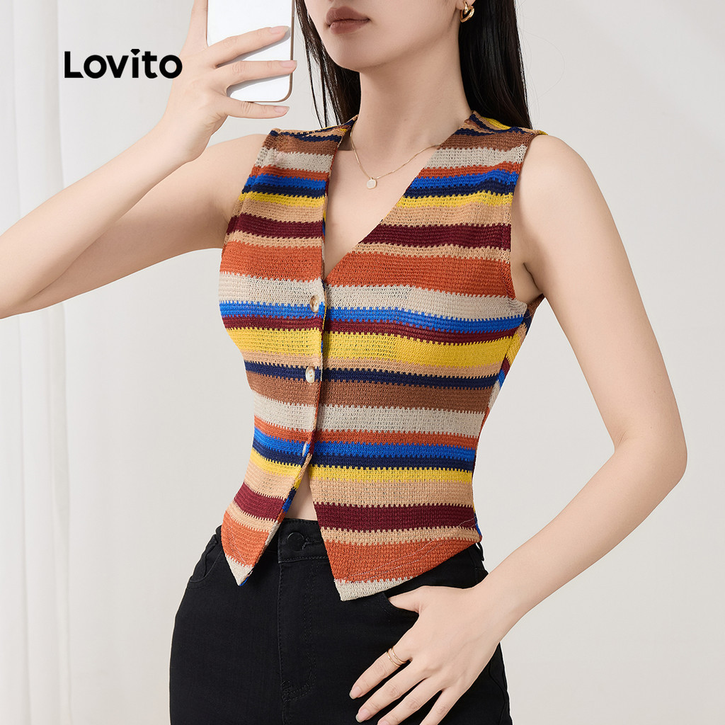 Áo sát nách nữ Lovito nút kẻ sọc thanh lịch L129AD273