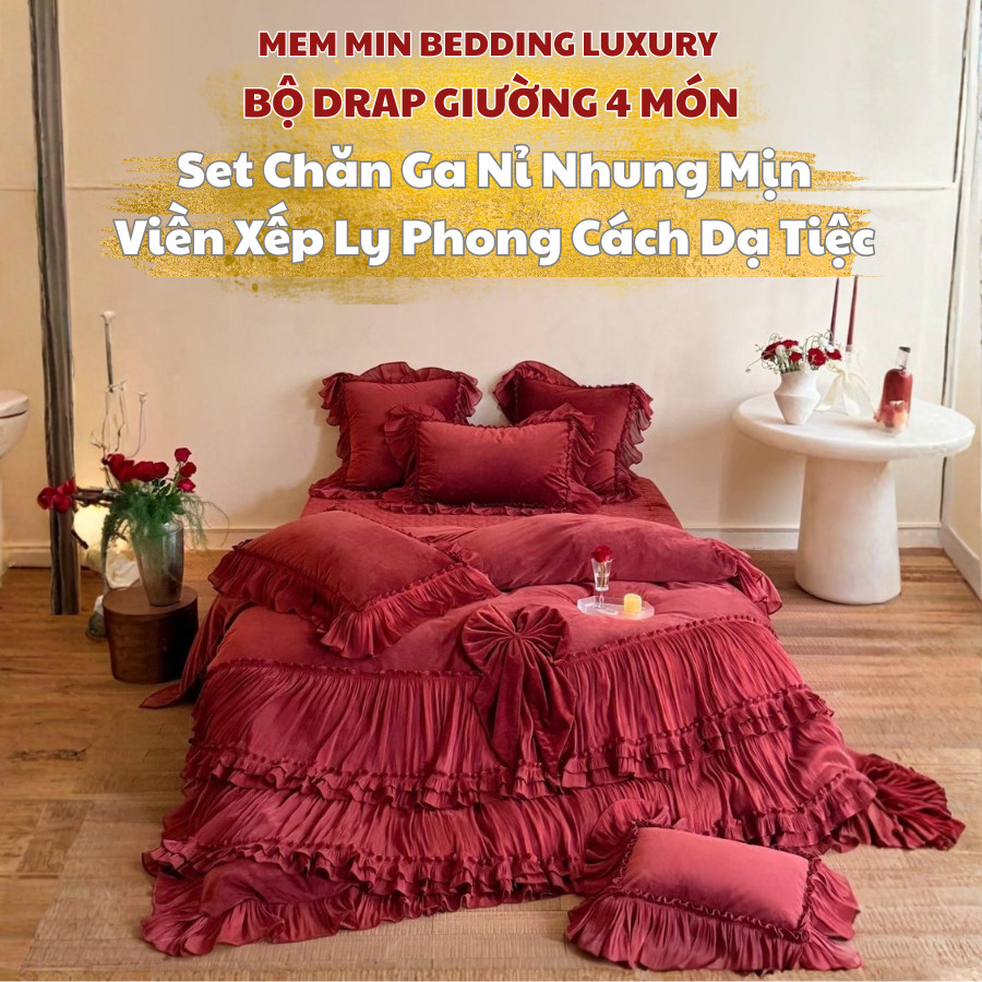 (L41708) Bộ vỏ chăn ga gối nỉ lịm phong cách dạ hội Memminbedding Luxury viền xếp ly đính hoa điệu đà, xinh xắn