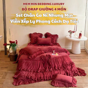 Bộ vỏ chăn ga gối nỉ lịm phong cách dạ hội Memminbedding Luxury viền xếp ly đính hoa điệu đà, xinh xắn