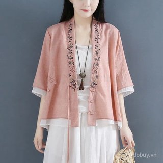 Cardigan nữ phong cách Trung Hoa vintage, vải lanh cotton pha trộn, tay áo 3/4