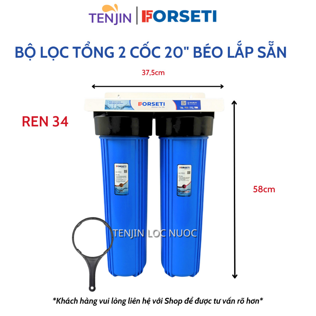 Bộ Lọc Tổng Đầu Nguồn FORSETI 2 Cốc Béo 20 Inch Kèm Giá, Gông Lăp Sẵn