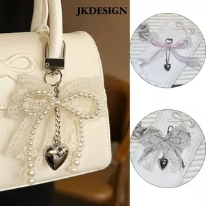 JKDESIGN Nơ Móc Khóa, Dây Xích Kim Loại Tinh Tế Đính Hạt Ren Nơ Móc Khóa, Y2K Trái Tim Charm Mặt Dây Chuyền Ba Lô Trang Trí