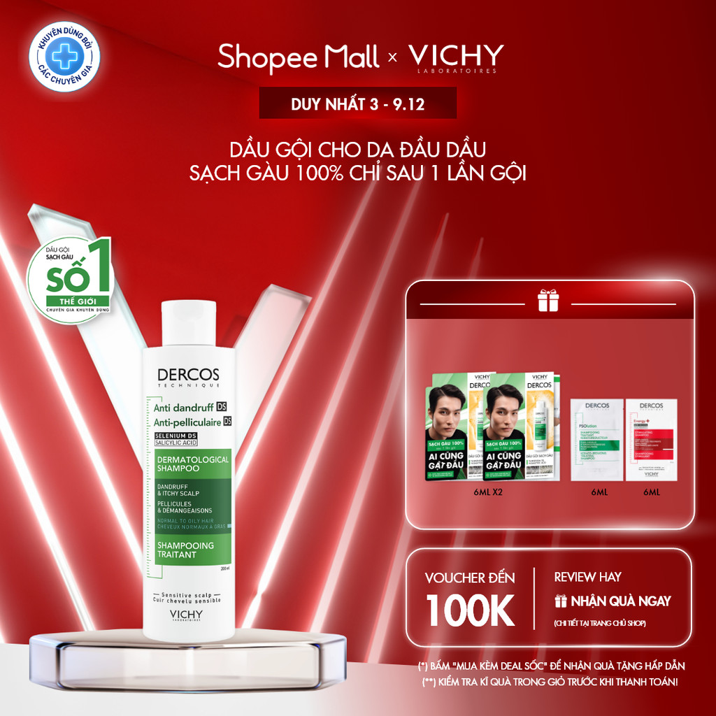 Dầu gội sạch gàu Dercos 100% chỉ sau 1 lần gội dành cho da dầu & ngứa, SỐ 1 Việt Nam chuyên gia khuyên dùng 200ml