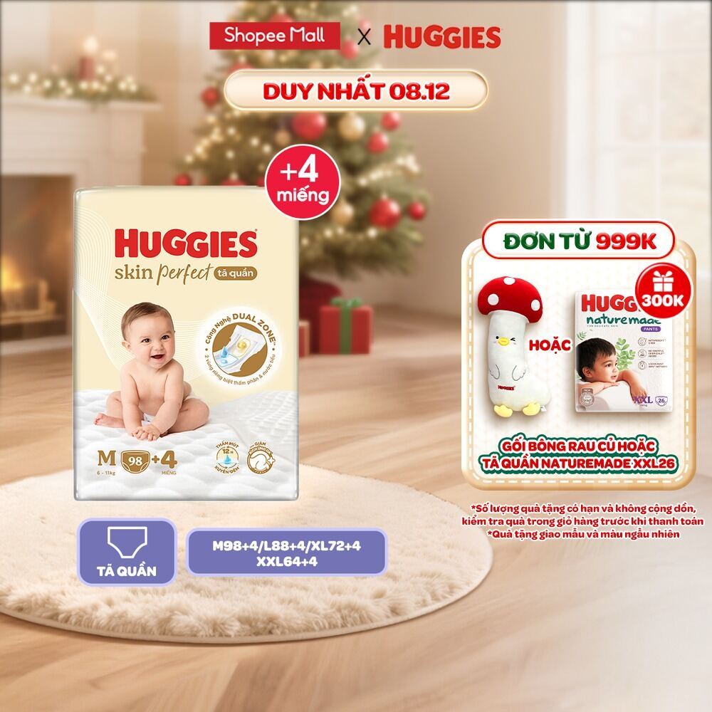 Tã quần Huggies Skin Perfect Mega Jumbo cỡ M/L/XL/XXL với 2 vùng thấm giảm kích ứng da