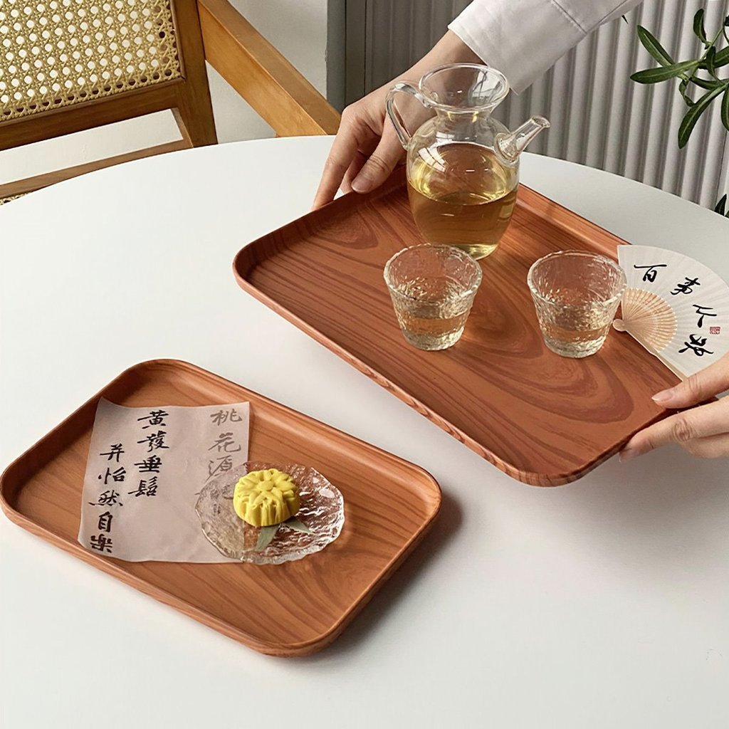 Nhựa Vuông Khay Phong Cách Nhật Bản Giả Hạt Gỗ Khay Hộ Gia Đình Trà Đĩa Dày Khay Trà - FE123
