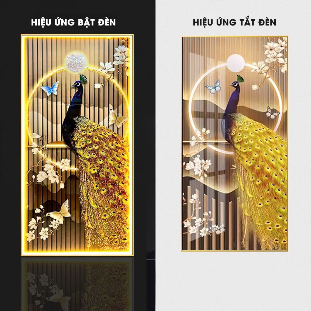 Tranh Đính Đá Pha Lê Đèn LED chim công, Cao Cấp Treo Tường, Decor Phòng Khách - Top Decor